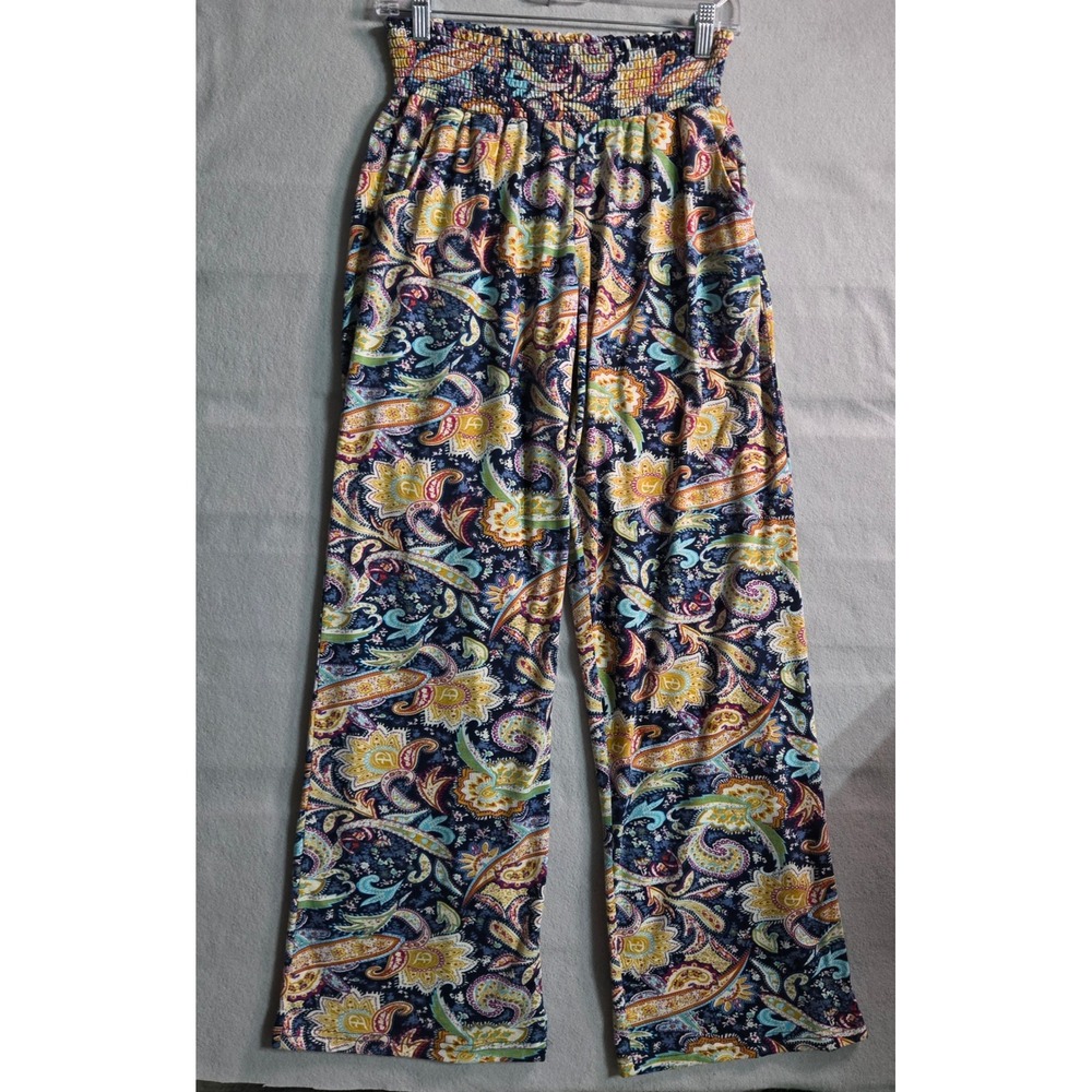 Urban Coco Paisley Wide Leg Boho Pants Navy Blue Multicolor Smocked Waist Small